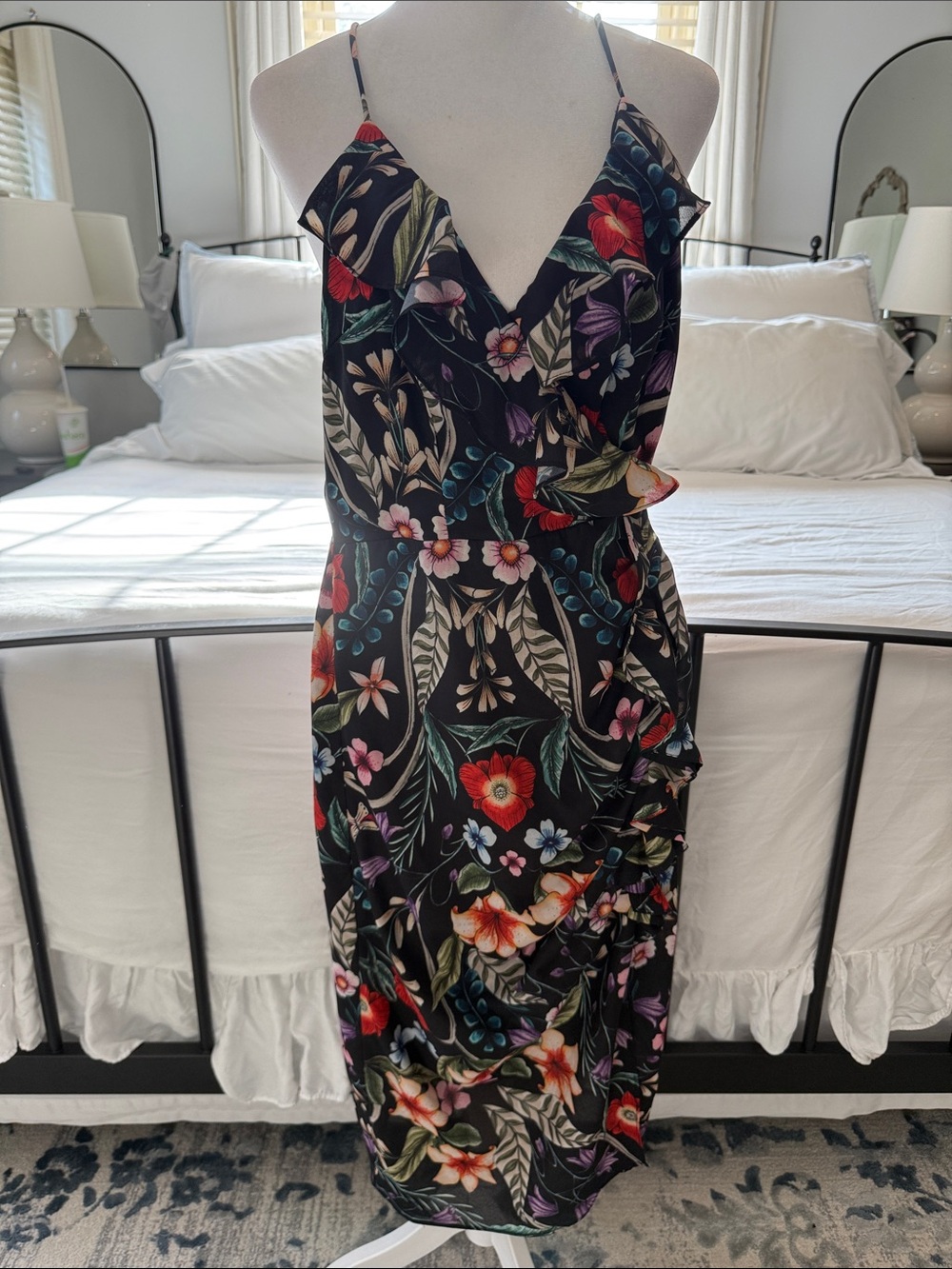 Floral V-Neck Ruffle Midi Dress - Black Floral